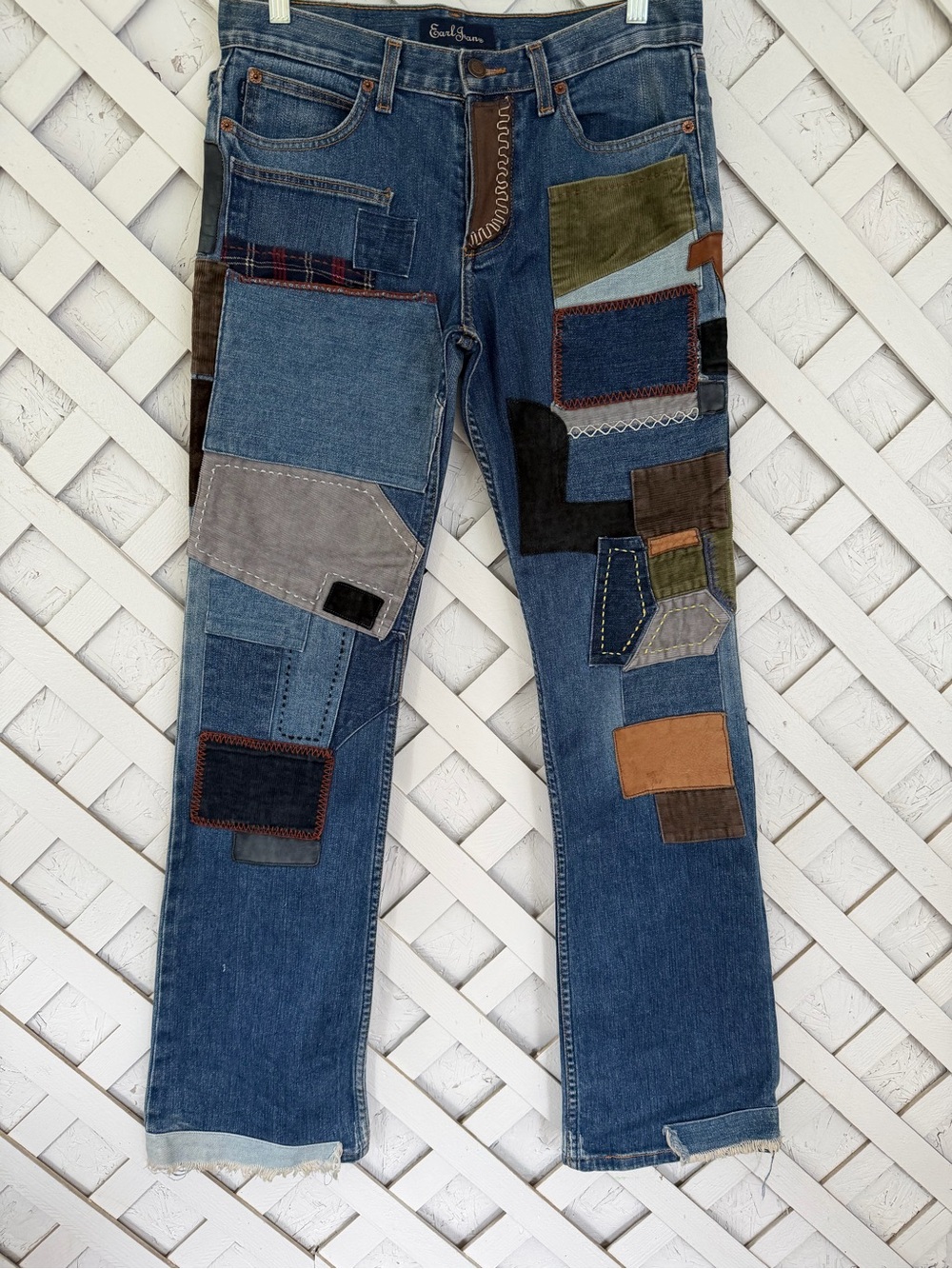 Vintage Earl Jeans Multicolor Patchwork Straight Leg Jeans Hippie Boho Sz 30